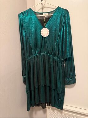 Umgee Teal Metallic V-Neck Tiered Party Dress